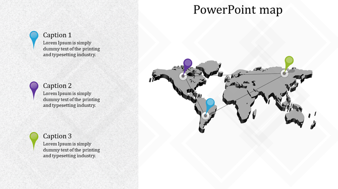 World map in PowerPoint with colored markers and captions, each representing different locations.