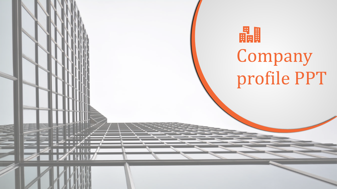Professional company profile slide with a architectural background and an elegant orange-bordered text area for the title.