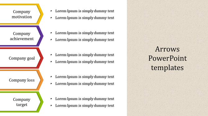 Vertical arrows in yellow, purple, red, orange, and green representing company aspects with matching descriptions.