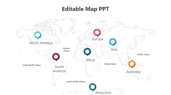 Global map featuring color coded circular location markers for major continents with labeled oceans.