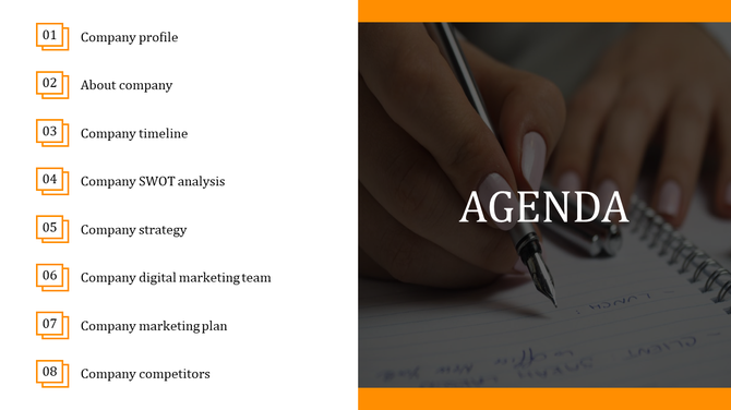 Business agenda slide with a numbered list of eight topics on the left and a background image of a person writing.