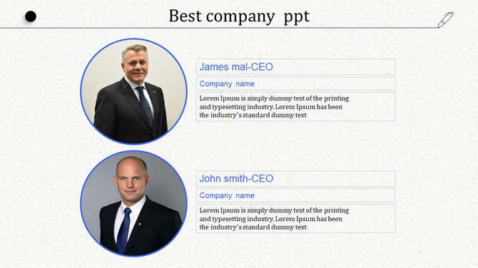 Best company presentation slide with two CEO profiles in circular frames, with names and descriptions alongside.