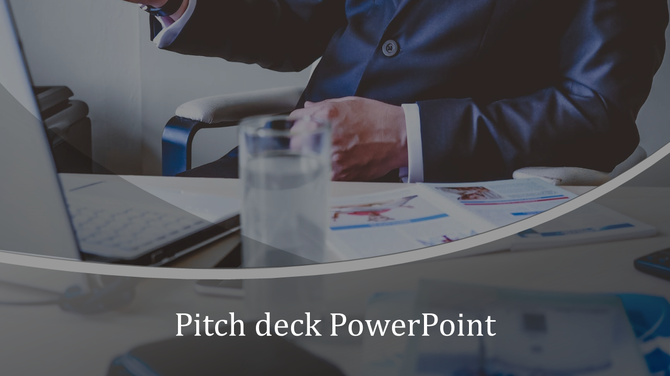 Pitch deck cover slide featuring a blurred business meeting scene with a laptop, documents, and a professional in a suit.