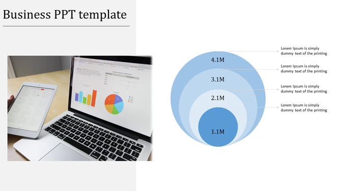 Business slide featuring a laptop and tablet on the left and a layered blue concentric circle diagram on the right.