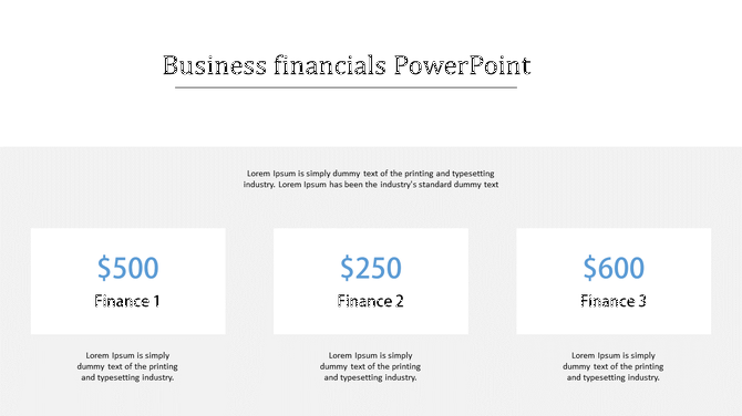 Business finance slide presenting three financial categories in separate boxes, with placeholder text areas.