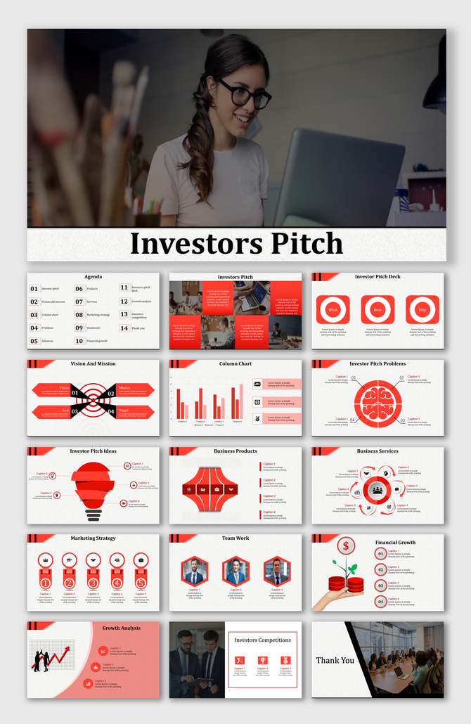 Investors pitch PowerPoint template with a modern red and white theme, featuring slides on pitch deck.