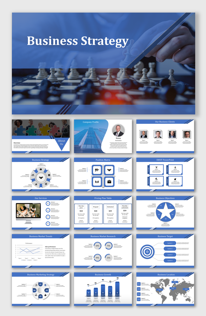 Business strategy slide deck with a blue theme, featuring chess imagery, strategy diagrams, SWOT analysis, and growth charts.