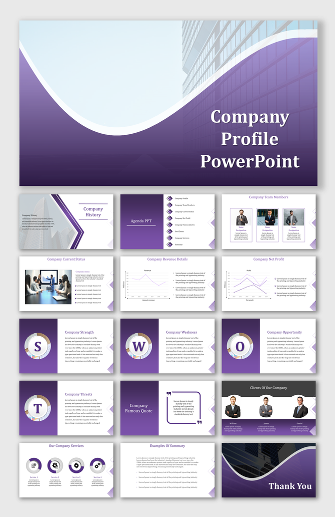 Company profile template with a purple and white wave design, including slides on company history and other slides.