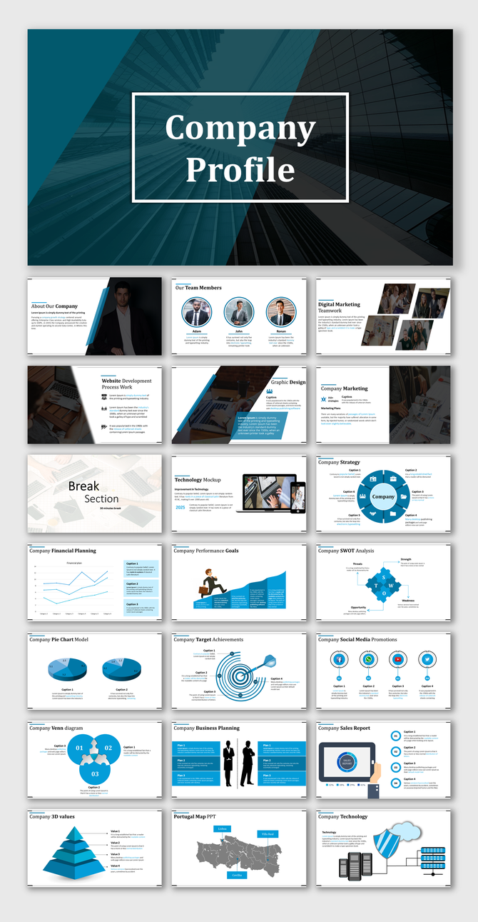 Company profile slide deck with a blue and black theme, including team profiles, charts, and business planning visuals.