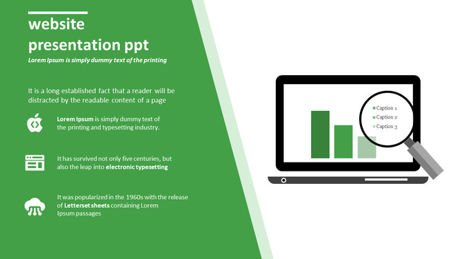 Split layout with a green left panel featuring icons and text, and a laptop graphic with a magnifying glass on the right.