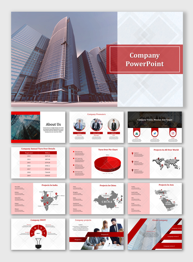 Slide deck with a modern red and white theme, featuring skyscraper imagery, pie charts, maps, and business layouts.