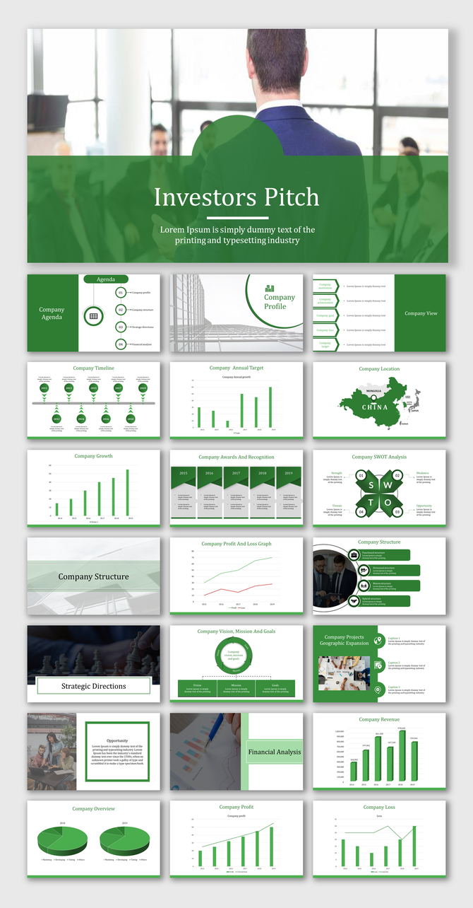 Professional company profile slides showcasing financial graphs, SWOT analysis, and strategic directions.