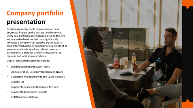 Corporate portfolio slide with a modern design, a professional discussion scene on the right, and detailed business content.