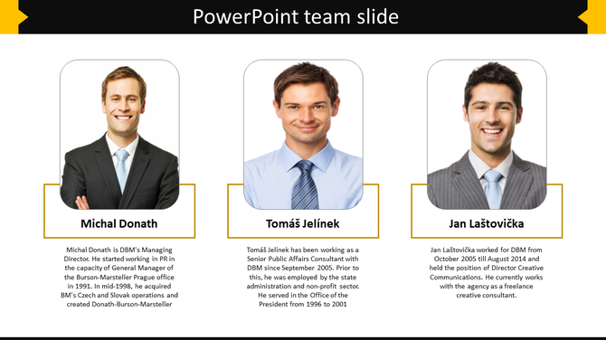 Professional team slide with a sleek black and yellow theme, displaying three executives with their names and summaries.