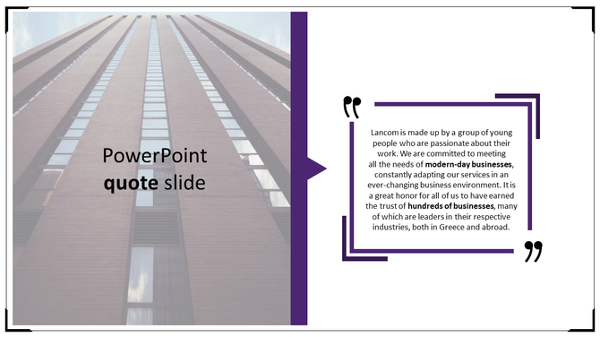 Business quote slide featuring a high building background, a bold quote section on the right, and a modern purple design.
