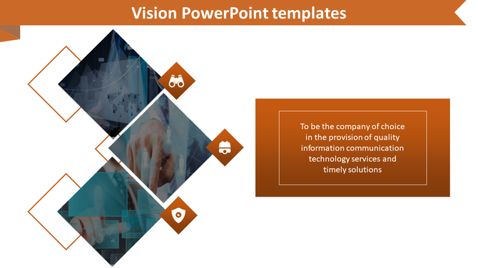 Vision slide with decorative diamonds showcasing images and icons on the left, paired with an orange text block.