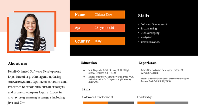 Business resume slide with a photo, key details in orange boxes, a skills section, education history, and work experience.