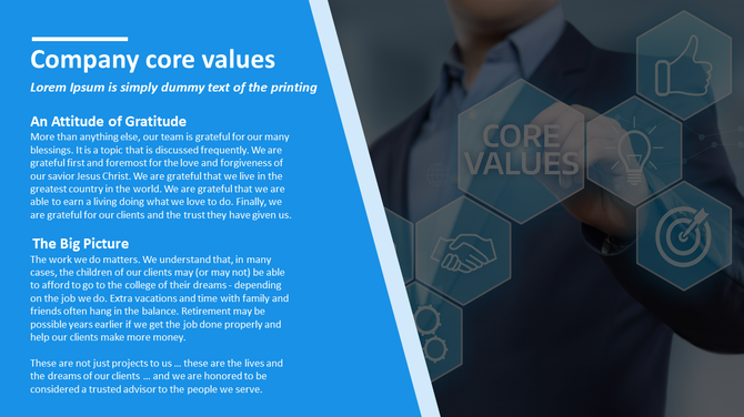 Core values slide with text area on a blue background and transparent icons in hexagonal shapes on the right.