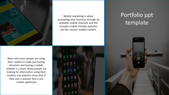 Portfolio template showcasing text on mobile marketing alongside smartphone images in a grid layout.