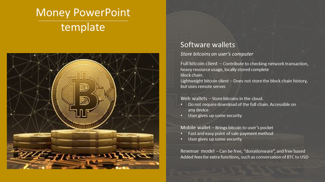 Bitcoin themed slide with a golden coin on stacked coins, digital network lines, and a text section on software wallets.