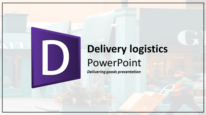 Purple block with a white D symbol on the left over a blurred cityscape background with a delivery person in motion.