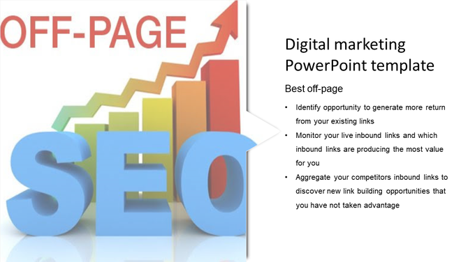 Digital marketing slide featuring bold text, a colorful bar chart with an upward arrow, and large 'SEO' letters.