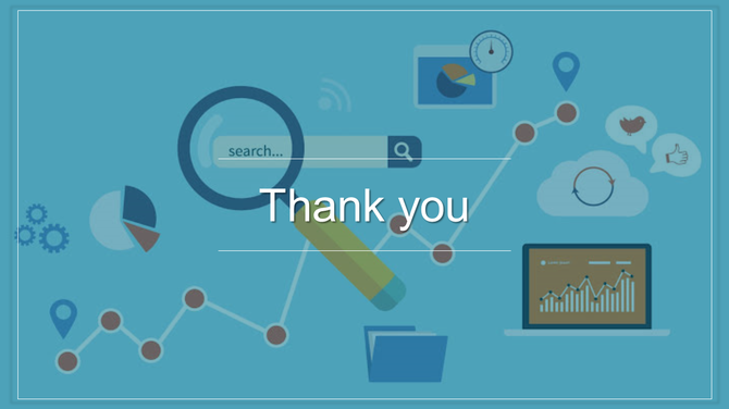 Thank you slide with business analytics icons, including graphs, charts, and a search bar, set against a blue background.
