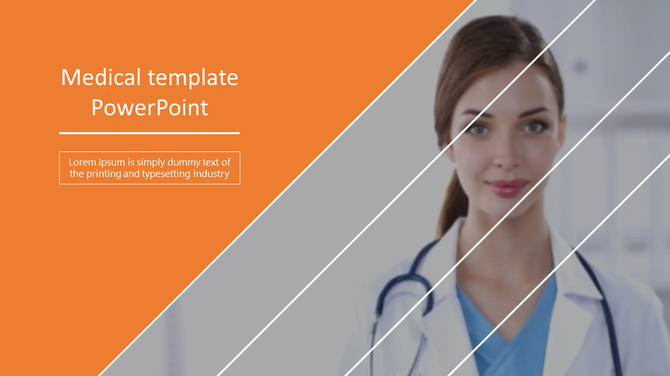 Medical slide with diagonal white lines over a doctor's image and bold orange placeholder text area.