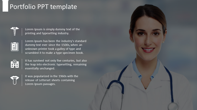 Portfolio slide featuring a female doctor in a white coat with a stethoscope, alongside four healthcare bullet points.