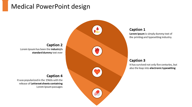 Medical template design with an orange location pin shape, displaying four health related icons and text captions.