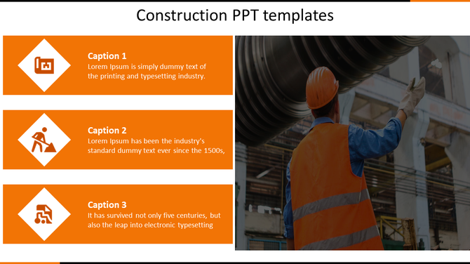 Construction template featuring three orange caption boxes with icons and a worker inspecting machinery on the right.