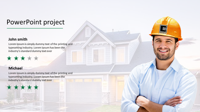 Project slide features a construction worker, a house background, and star ratings with reviews for John Smith and Michael.