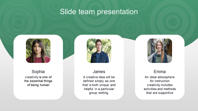Team presentation slide featuring photos and descriptions of three team members against a green background with patterns.