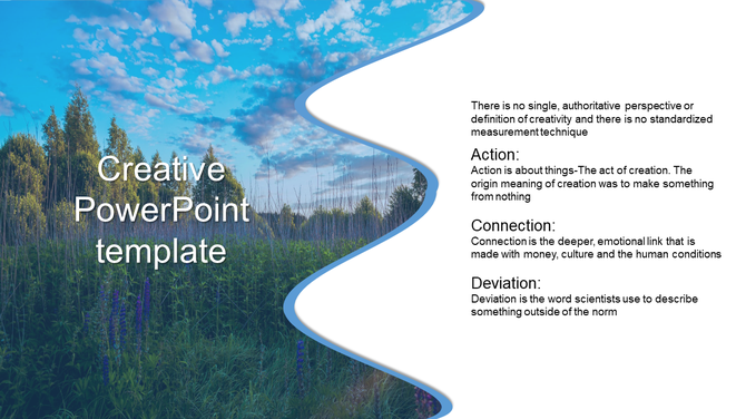 A creative nature themed PowerPoint template with a blue and green color scheme with three components of creativity.