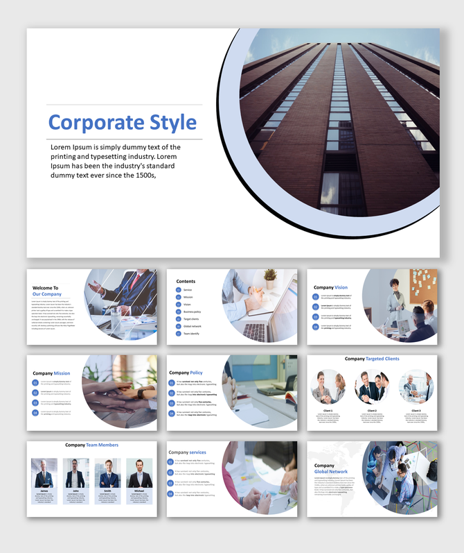 Corporate template with a blue and white theme, showcasing company profile, mission, vision, team, and services.