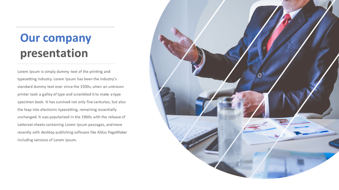 A corporate presentation slide shows a man gesturing during a business discussion with text about company history.