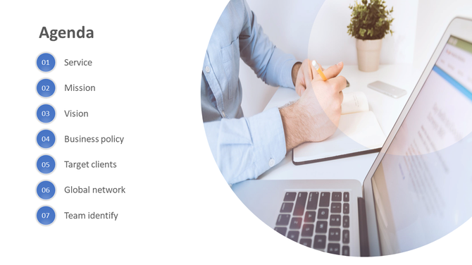 Agenda slide featuring a vertical list of seven agenda items with blue icons and a blended background image of a person.