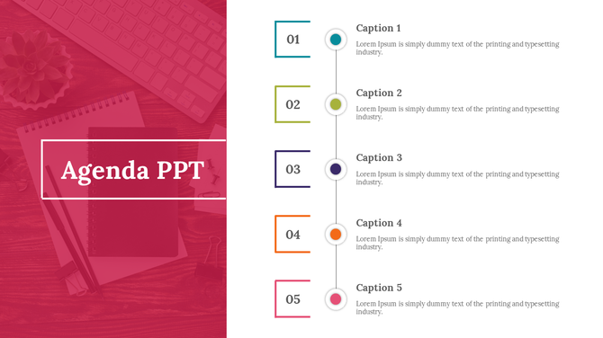 Pink themed agenda slide with five numbered sections and colorful dots on a vertical line, next to each caption.