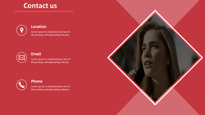 Contact us slide featuring location, email, and phone details, with an image of a woman on the phone, on a red background.