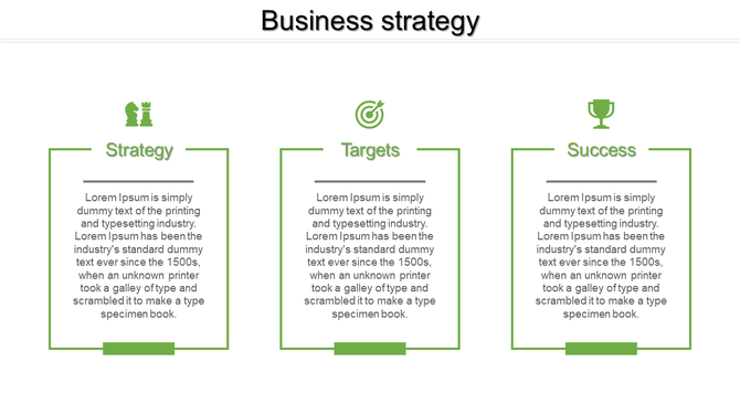 Business strategy PowerPoint slide featuring Strategy, Targets, and Success with corresponding icons and text.