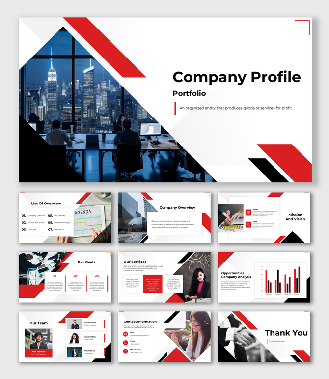 Company profile presentation with slides on overview, mission, services, goals, team, contact info, and growth analysis.