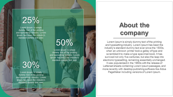 Company overview slide with a business meeting image on the left, overlaid with three percentage based statistics.