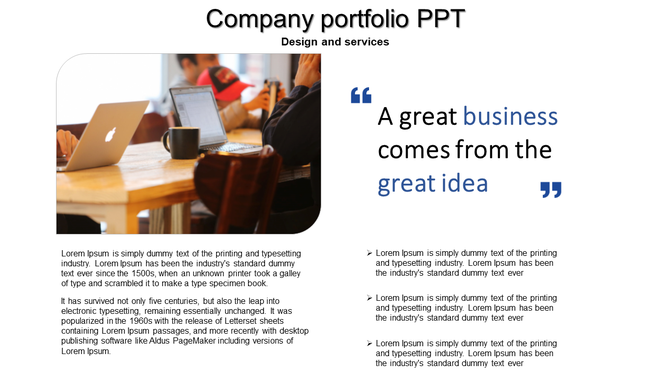 Company portfolio slide featuring a business quote and an image of a person working on a laptop with a coffee mug.