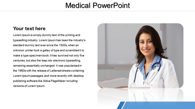 Medical PowerPoint slide with a female doctor and placeholder text.