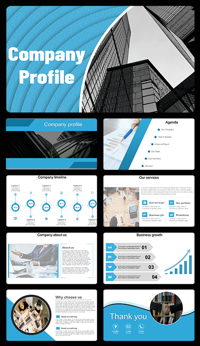 Company profile slide deck with a modern design, featuring blue accents and sections on services, timeline, and growth.