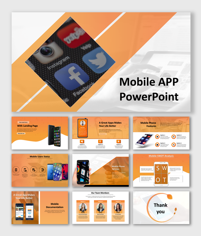 Slide deck for mobile app presentations with various sections including mobile phone features and a thank you slide.