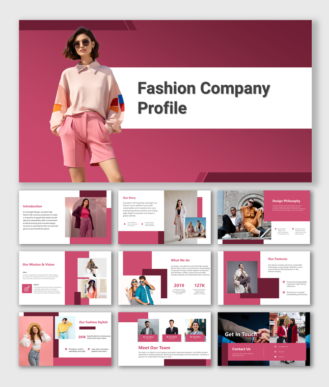 Slide deck showcasing fashion company profile with models in pink and burgundy tones, highlighting their story.