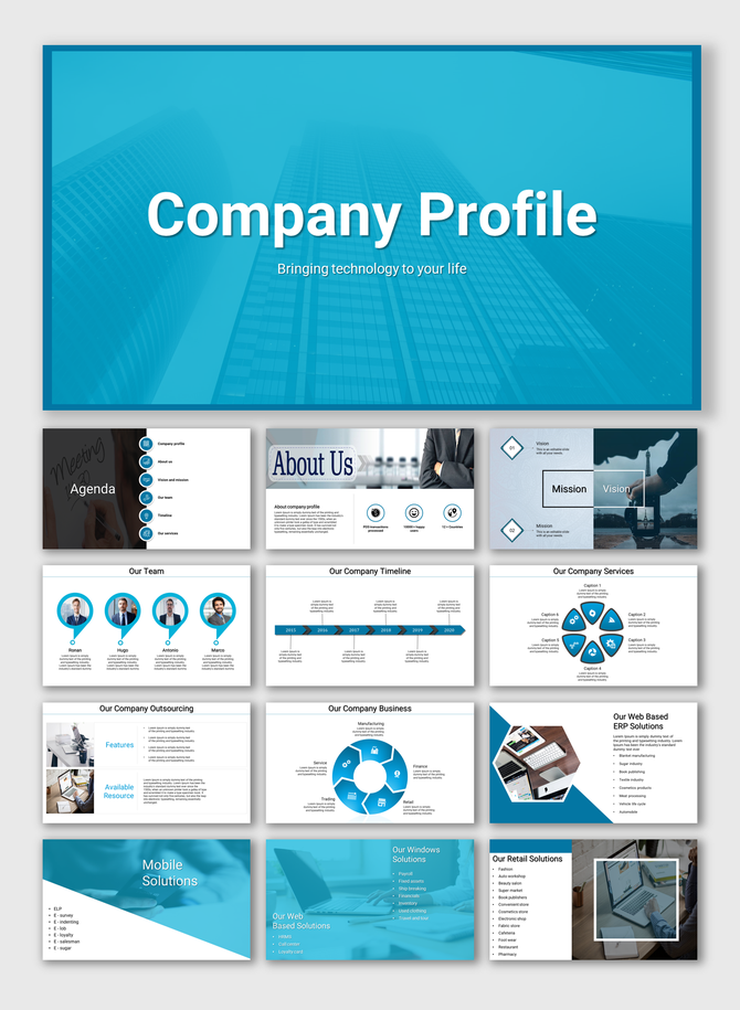 Company profile slide deck with blue tones, featuring various sections including team, services, and business information.