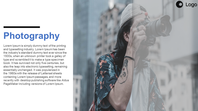 Photography slide featuring a large left-aligned text section and a semi-transparent image of a stylish photographer. 