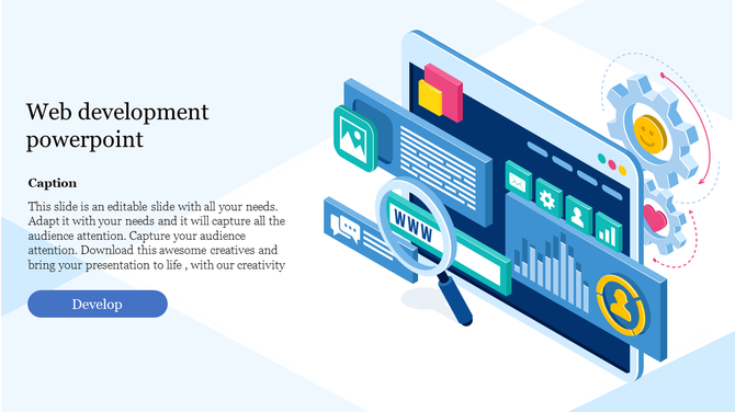 Web development slide with a digital workspace illustration including icons for images, text, graphs, and user interaction.